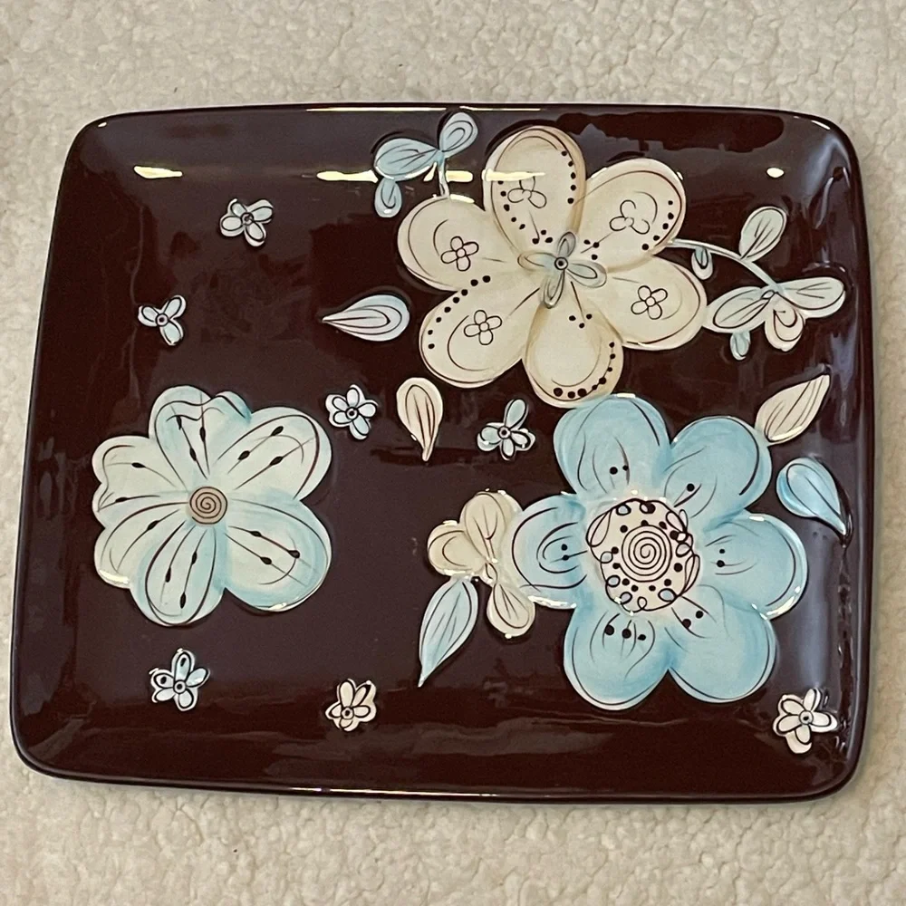 Pier 1 platter and dish set - brown and blue floral pattern 11x13 & 10x10 NWOT